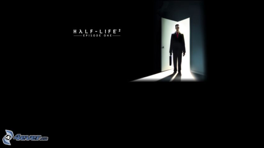 Half Life 2, homme dessiné, fond noir, porte