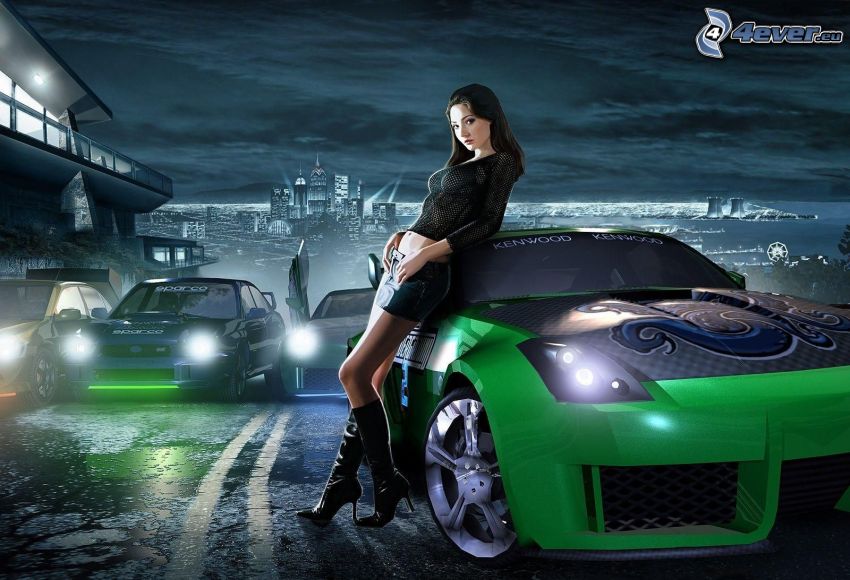 Need For Speed, brune sexy mince, voiture de course, nuit