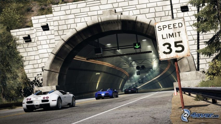 Need For Speed, tunnel, panneau de signalisation