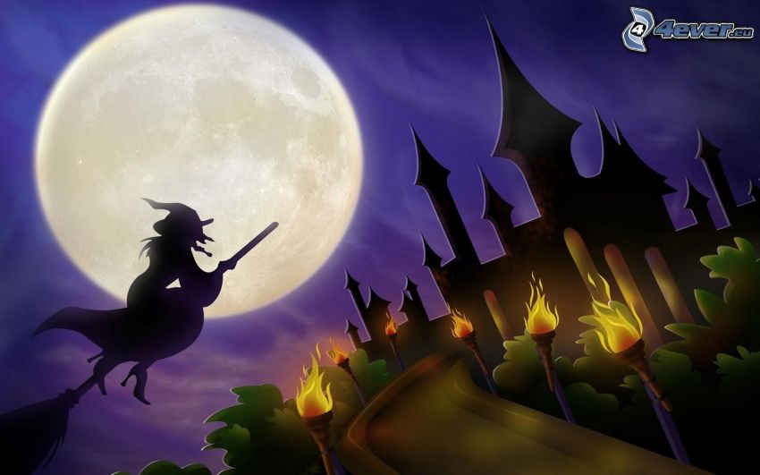Halloween, sorcière, sorcière sur un balai, château, lune