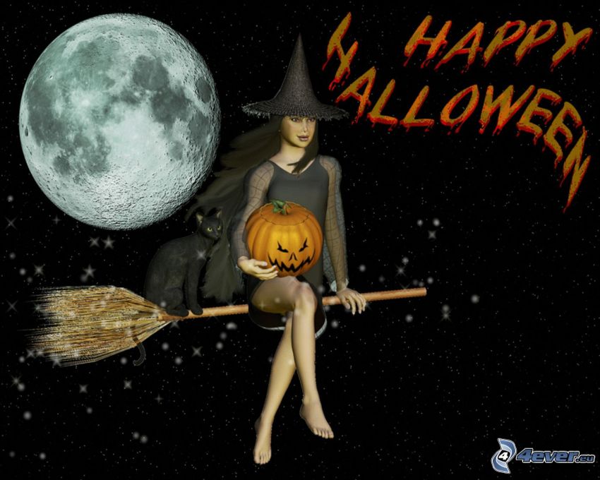 Halloween, sorcière, sorcière sur un balai, lune, Citrouille d´Halloween