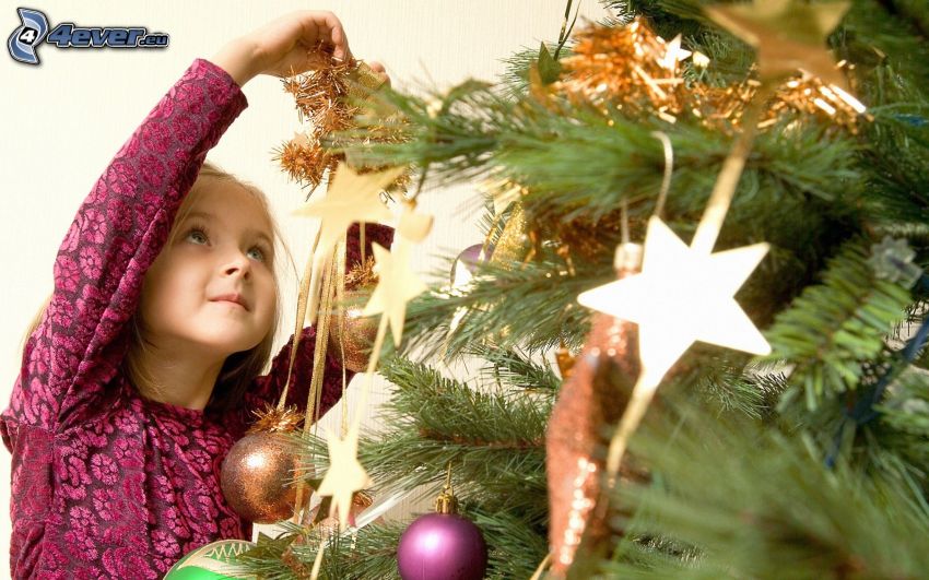 fille, arbre de Noël, décorations de noël