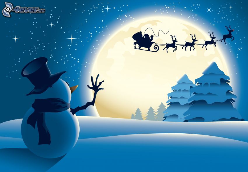 homme de neige, Santa Claus, rennes, arbres enneigés, salut, lune