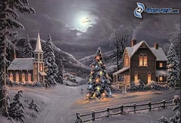 noël, neige, arbre de Noël, église, lune, Thomas Kinkade