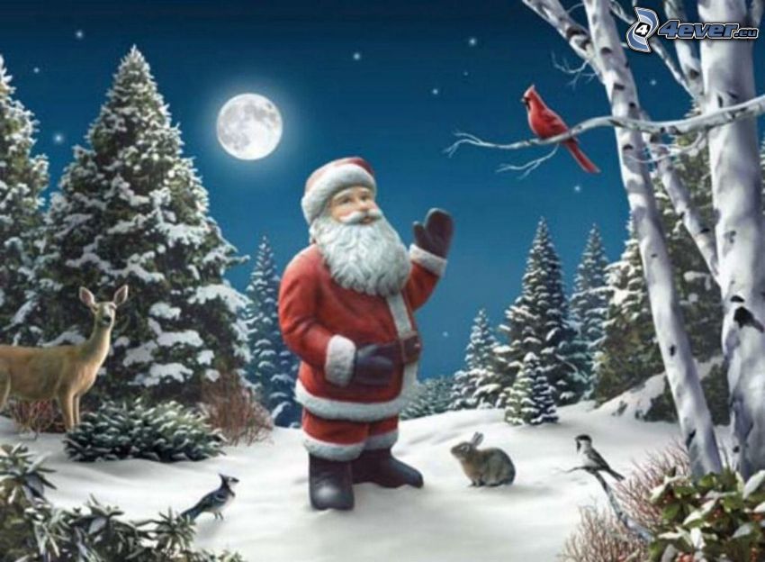 Père Noël, forêt, animaux, arbres conifères, lune, neige
