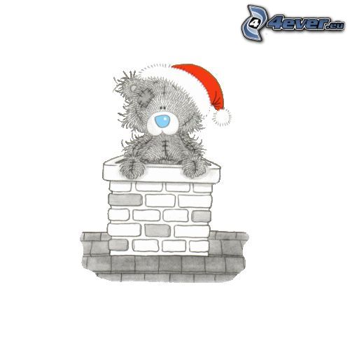 Père Noël, ourson, chapeau de Noel, cheminée, dessin animé