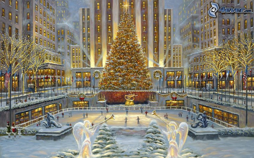 Rockefeller square, place enneigée, décorations de noël, arbre de Noël, patinoire, dessin animé