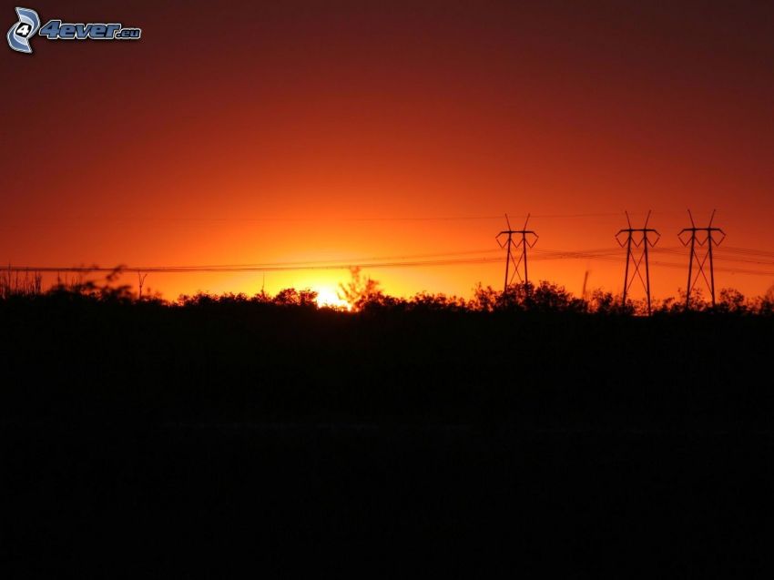 coucher du soleil, le câblage électrique, ciel orange