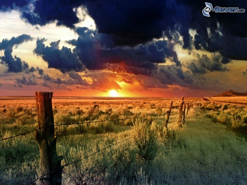 coucher du soleil dans le champ, clôture, nuages sombres