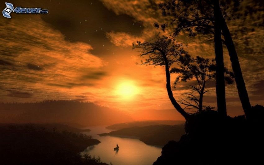 coucher du soleil sur le fleuve, ciel orange, silhouettes d'arbres