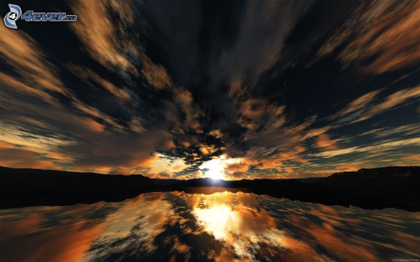 coucher du soleil sur le lac, nuages, reflexion, montagne