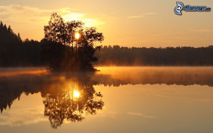 coucher du soleil sur le lac, surface de l´eau calme, île