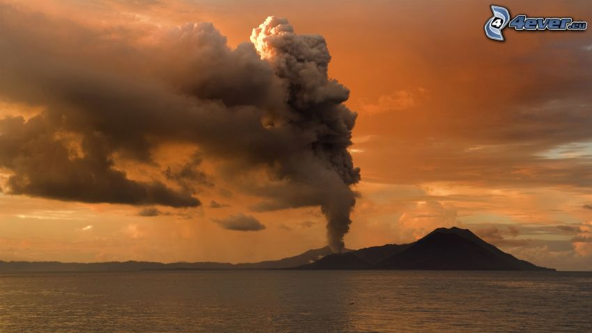 éruption du volcan, île, ciel orange, mer