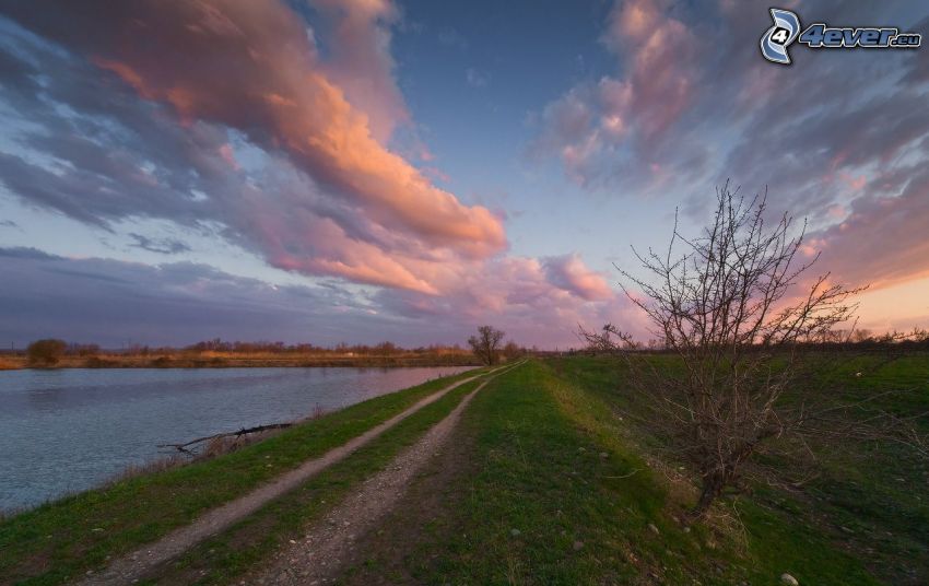 lac, chemin de campagne, après le coucher du soleil, nuages