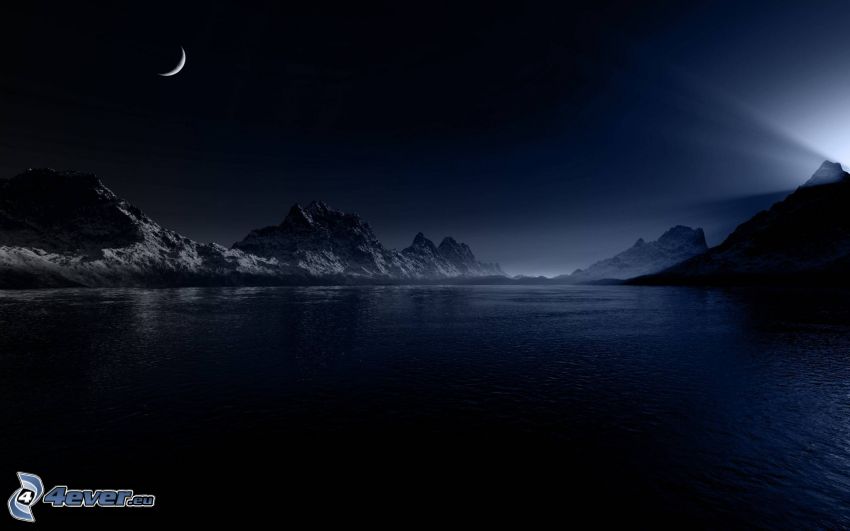 lune, lac, montagnes enneigées, nuit