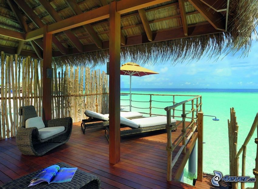 Maldives, terrasse, lits, mer d'azur