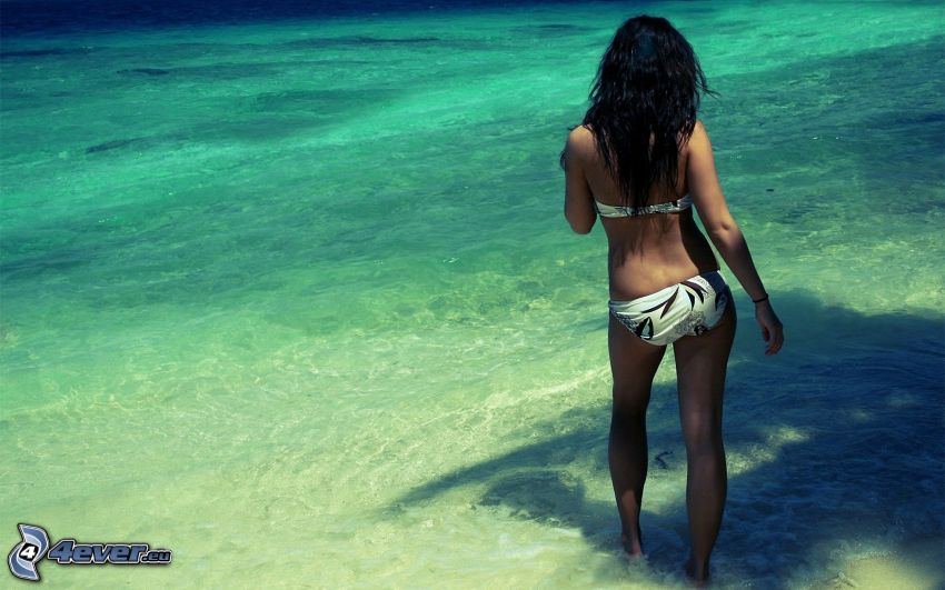 brune sur la plage, femme en bikini, mer