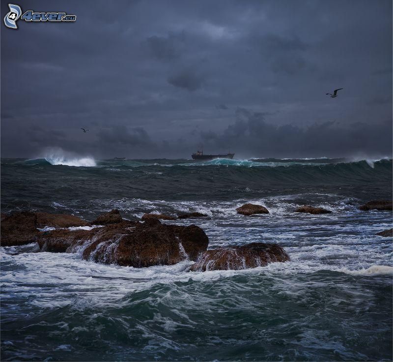 mer orageuse, goéland, navire, nuages d'orage, roches dans la mer