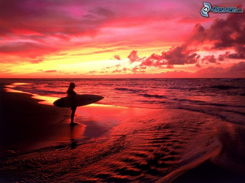 surf, femme, mer, ciel rouge