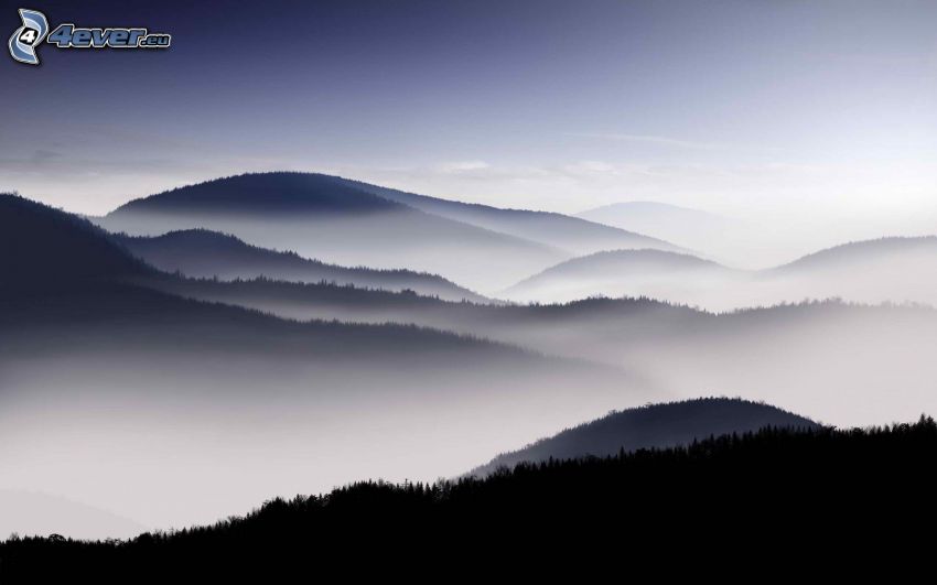 collines, couche d'inversion, brouillard