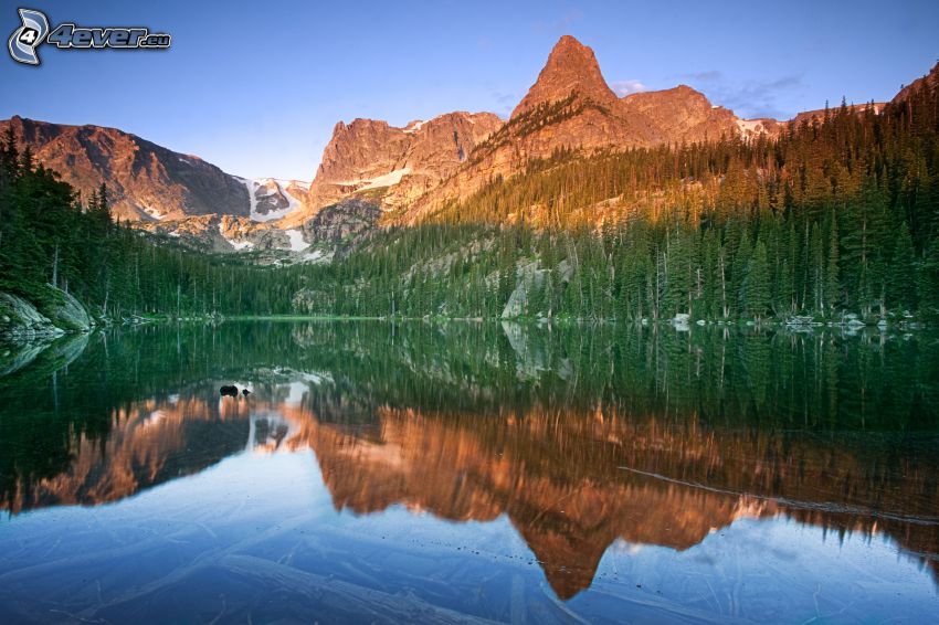 lac, montagnes rocheuses, forêt de conifères, reflexion