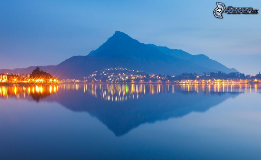 montagne, lac, reflexion, soirée, éclairage