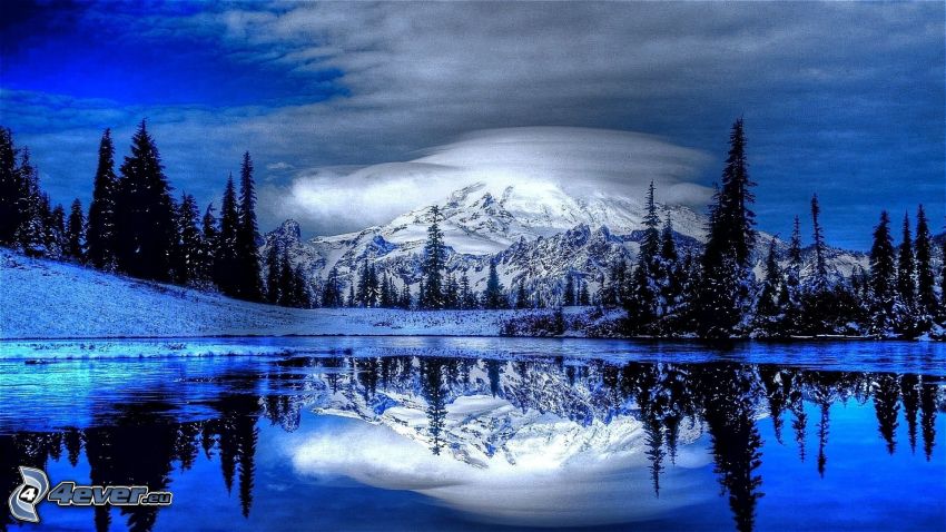 montagne neige, paysage enneigé, lac, reflexion