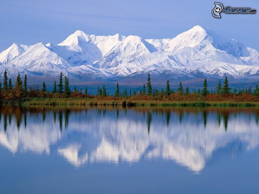 montagnes enneigées, lac, Alaska