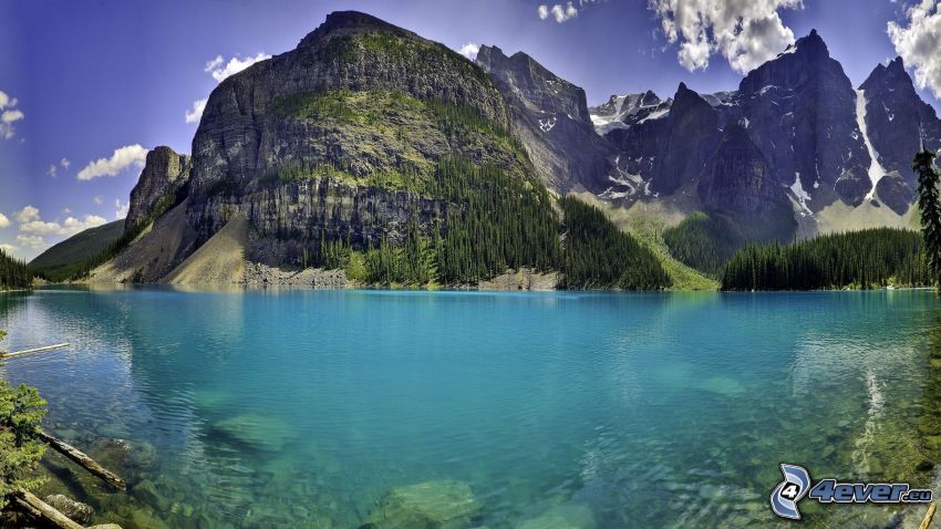 Moraine Lake, lac de montagne, lac d'azur, montagnes rocheuses