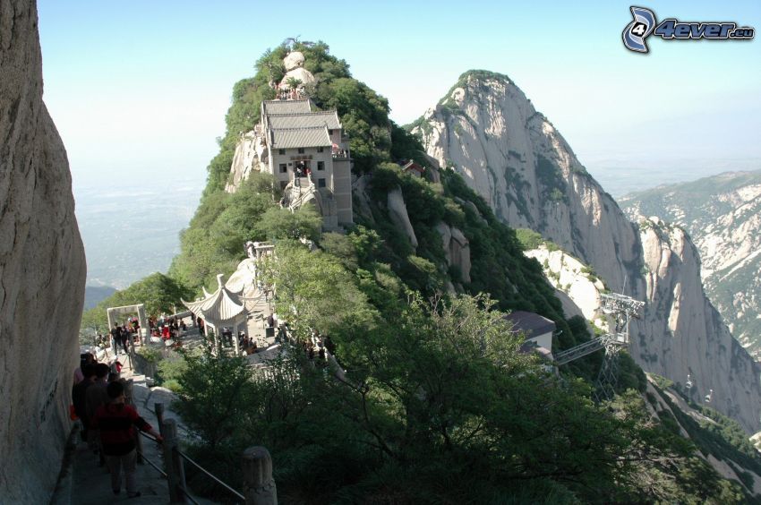 Mount Huang, maison, trottoir, montagnes rocheuses
