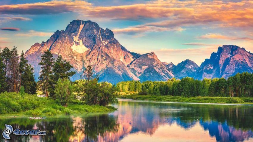 Mount Moran, Wyoming, lac, forêt, montagnes rocheuses, HDR