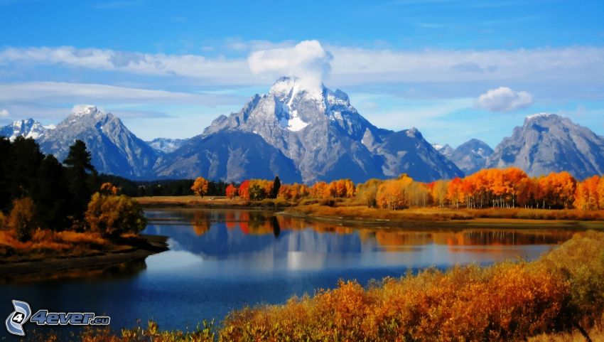 Mount Moran, Wyoming, montagnes rocheuses, lac, arbres d'automne