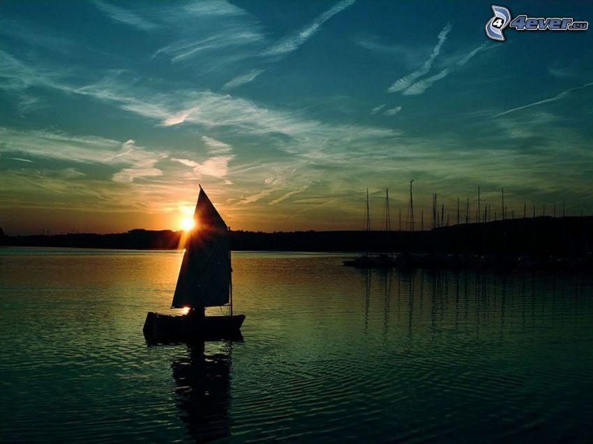 bateau, port yacht, lever du soleil, lac