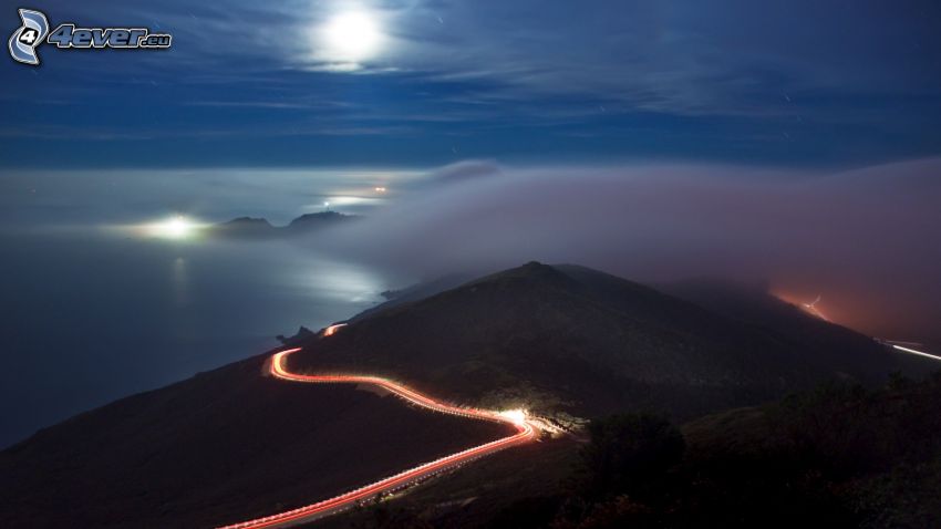 colline, route, lumière, brouillard, lune
