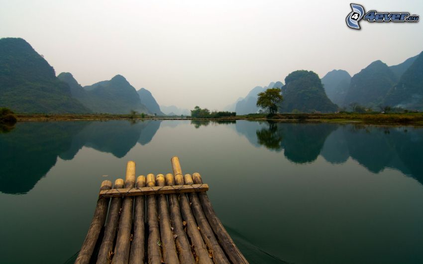 lac, collines, reflexion, bateau sur la rivière, Chine