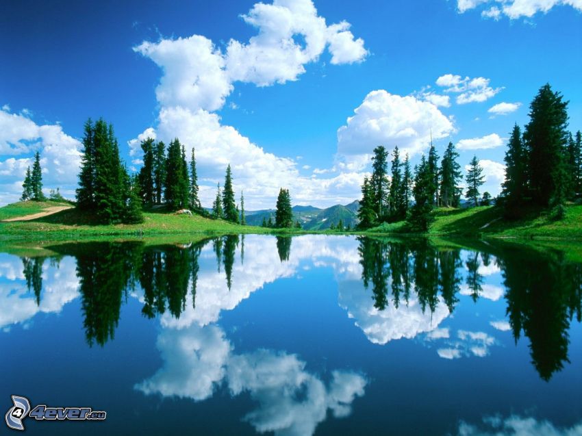 lac de montagne, surface de l´eau calme, arbres conifères, ciel, nuages, reflexion