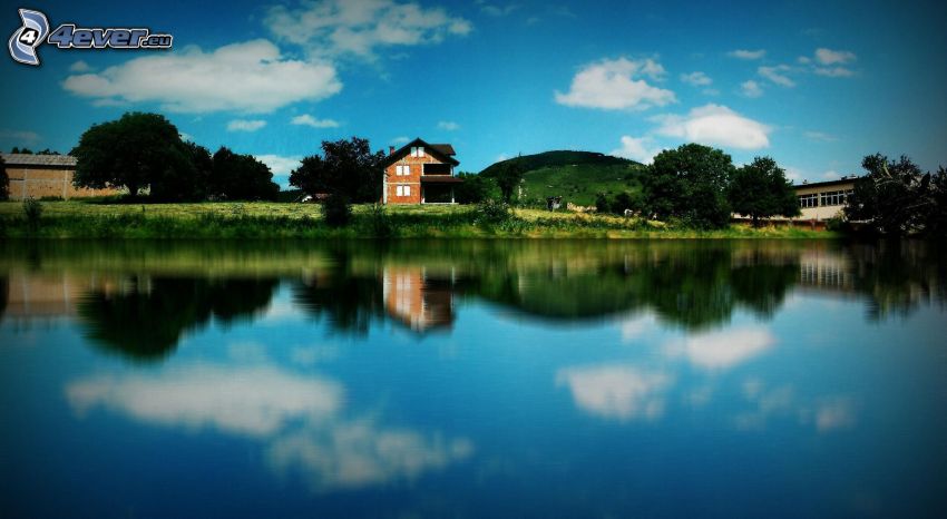 maison au bord du lac, arbres, reflexion