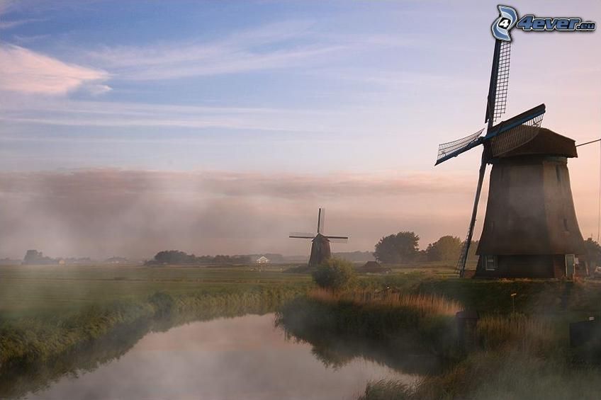 moulins à vent, Pays-Bas, rivière, brouillard au sol