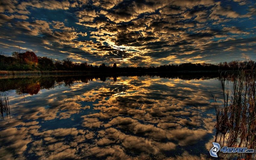 nuages, lac, reflexion
