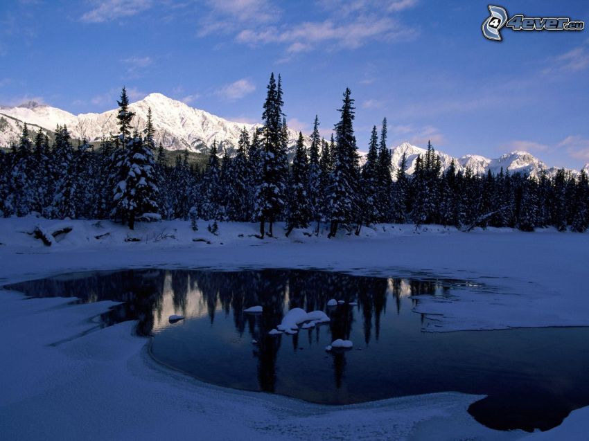 Parc national de Banff, lac de montagne, forêt enneigée, collines enneigées