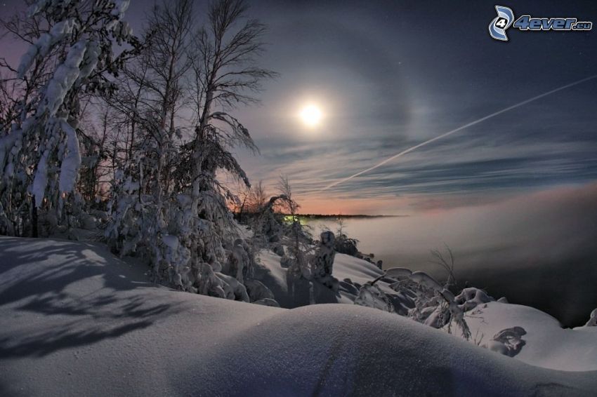 paysage d'hiver, neige, lune, nuages