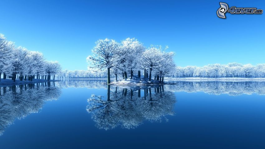 paysage enneigé, lac, île, fond bleu