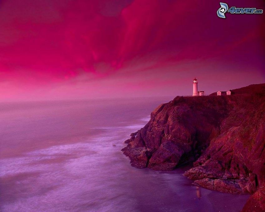phare sur une falaise, violet coucher de soleil