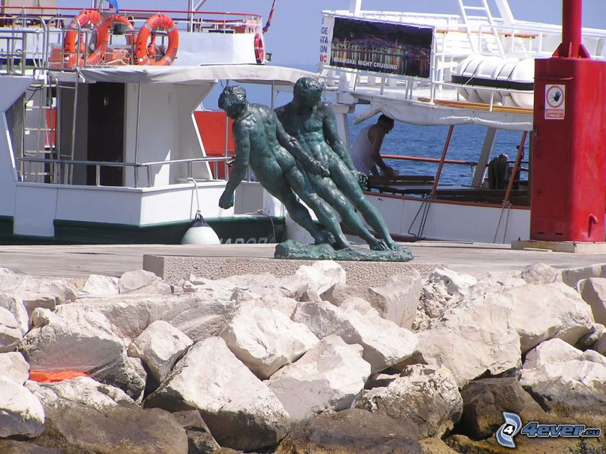 statue, port, navire, homme, pierres