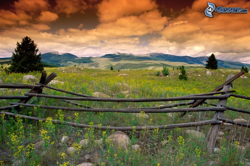 vue sur le paysage, vieille clôture en bois, prairie, Montana