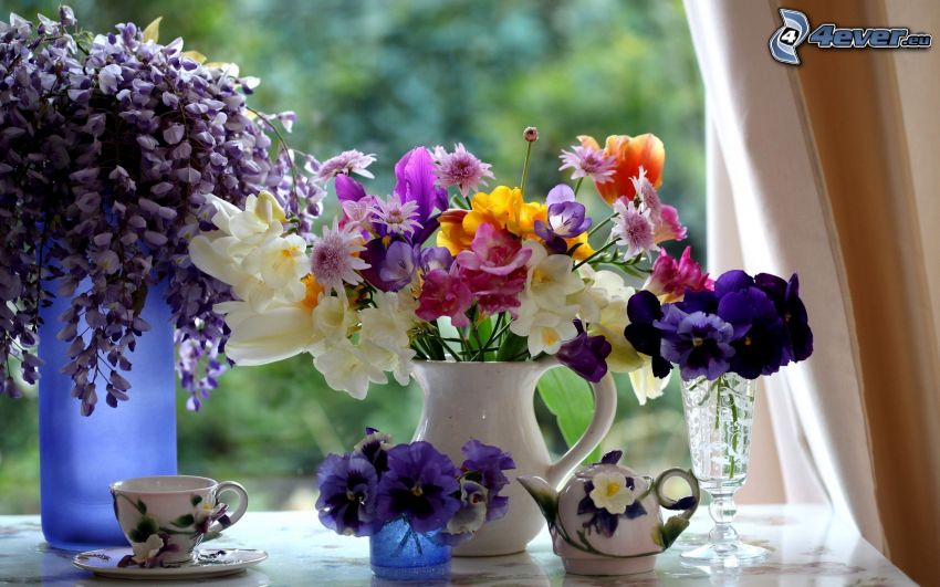 fleurs dans un vase, tasse du thé, violettes