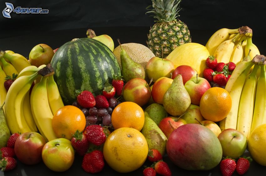 fruits, bananes, pastèque, ananas, poire, fraises