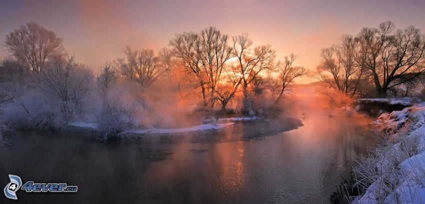 ruisseau, neige, coucher du soleil