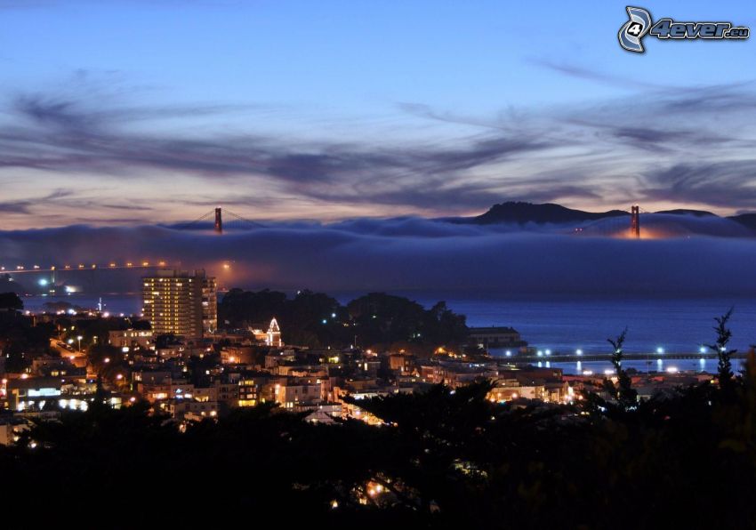 San Francisco, vue sur la ville, soirée, le pont dans le brouillard, Golden Gate