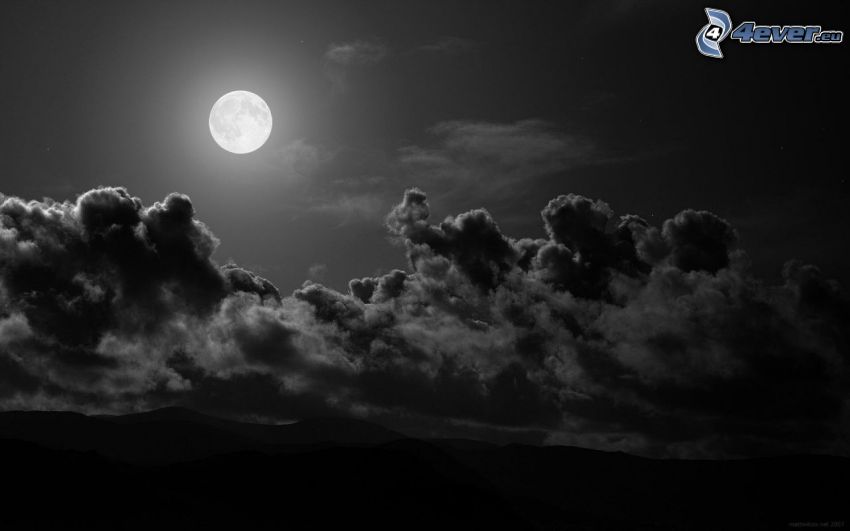 Lune, nuit, nuages, noir et blanc